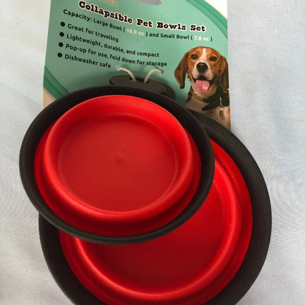 RED Pet Trends COLLAPSIBLE LARGE & SMALL Pet Bowl Set Pop Up #G11